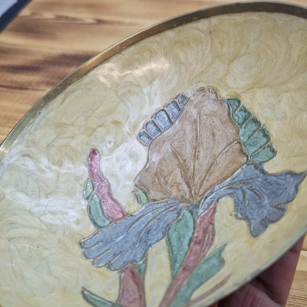 vintage brass decorative‎ wall plate featuring a hand-painted enamel iris Design